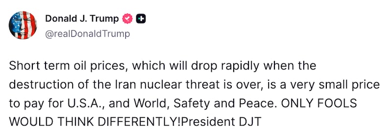Trump Truth Social post about oil prices