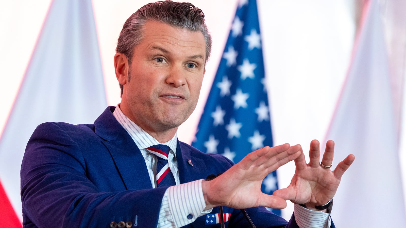 Pete Hegseth during a news conference in Warsaw, Poland, on February 14, 2025.