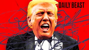 A photo illustration illo of Trump yelling for The Daily Beast podcast.