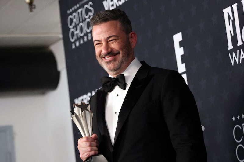 TV host Jimmy Kimmel poses in the press room with the Best Talk Show award for "Jimmy Kimmel Live!" during the 31st Annual Critics Choice Awards at Barker Hangar in Santa Monica, California, on January 4, 2026.