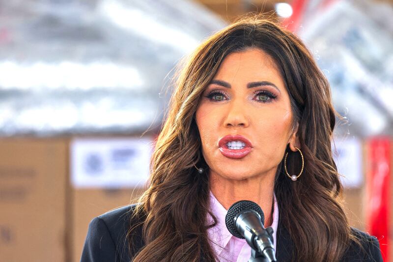 Kristi Noem holds a press conference in Otay Mesa, San Diego, California, U.S., February 12, 2026.