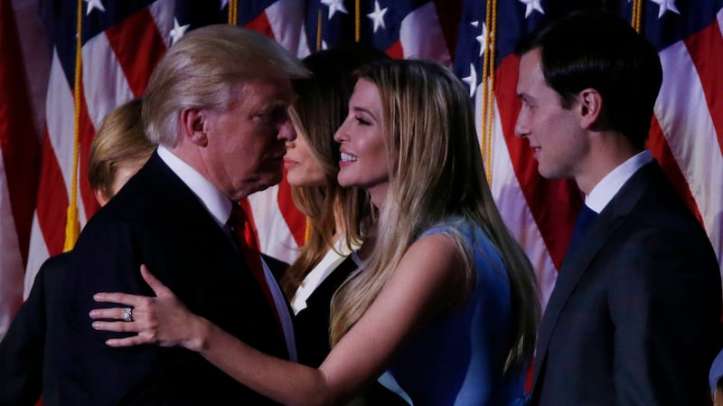 U.S. President-elect Donald Trump greets his daughter Ivanka and son in law Jared Kushner (R) at his election night rally in Manhattan, New York, U.S., November 9, 2016.