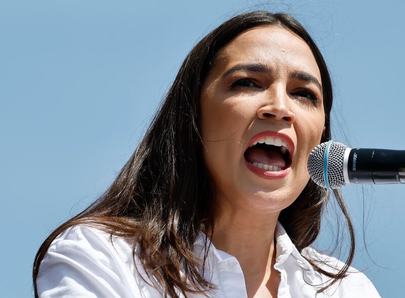 Ocasio-Cortez speaking at an event in April—the congresswoman said she would not yield to “disrespectful men” during her clash with Weber.