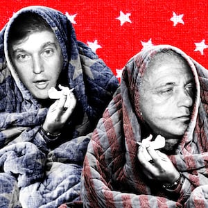 Donald Trump and Roy Cohn with star and stripe blankets over their heads like they're sick holding tissues on a red and white star background