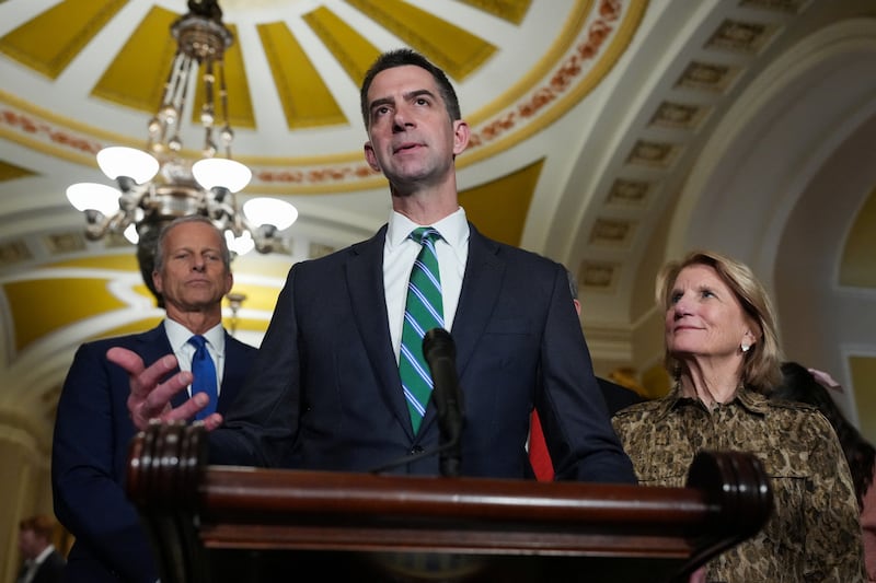 U.S. Senator Tom Cotton (R-AR) speaks during a press conference, following the weekly policy lunch on Capitol Hill in Washington, D.C., U.S., March 17, 2026. REUTERS/Ken Cedeno