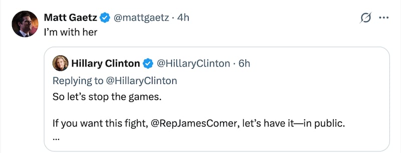 Ex-Rep. Matt Gaetz backed Hillary Clinton on X.