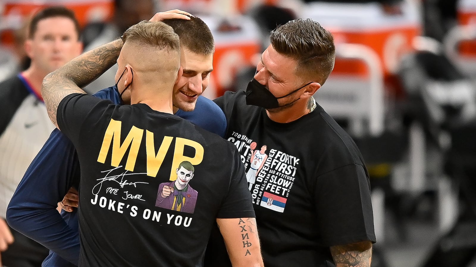 Nikola Jokic of the Denver Nuggets, and his two brothers, Strahinja and Nemanja, who were involved in an altercation with a fan on Monday night.