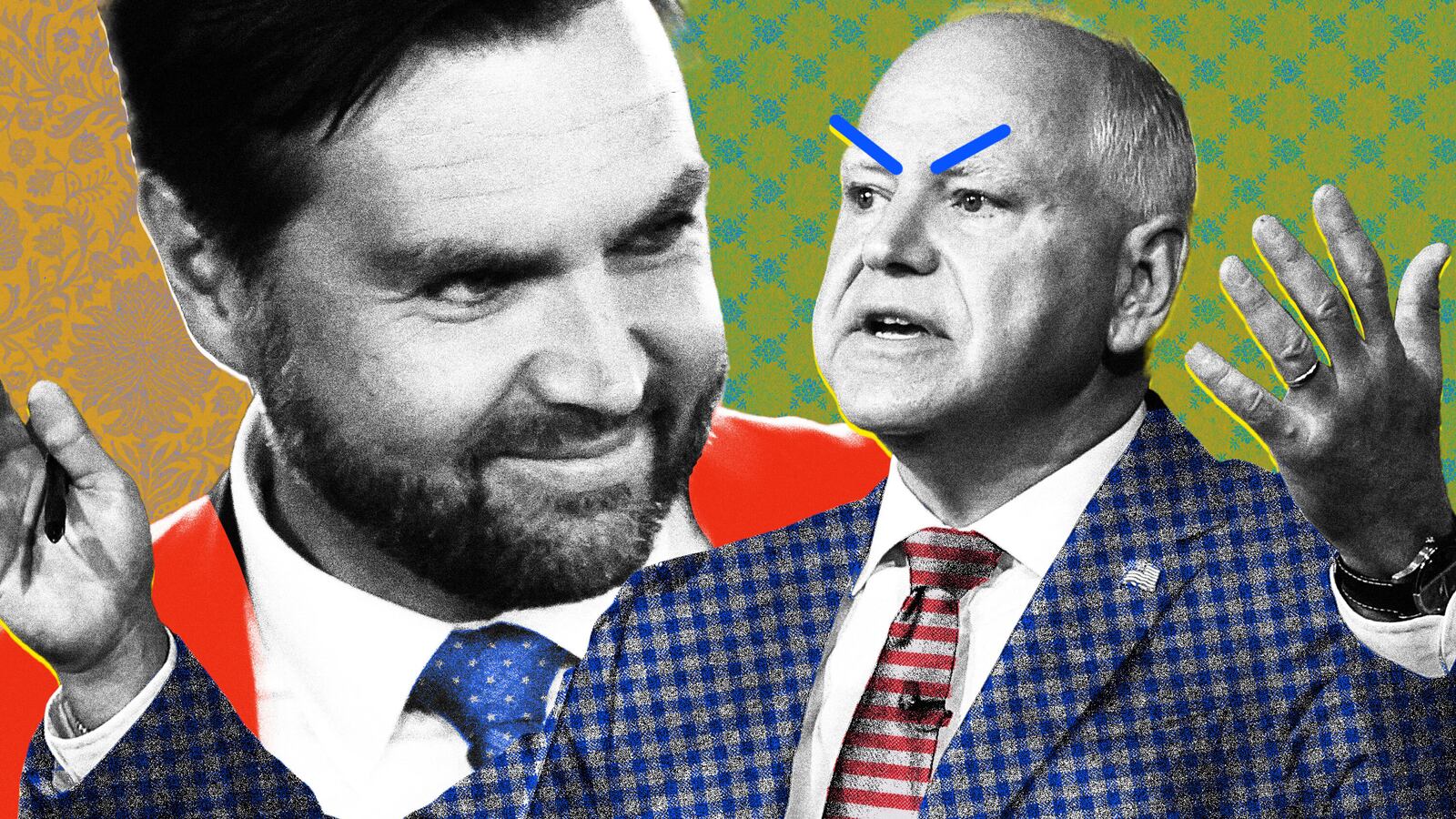 Photo illustration of JD Vance and Tim Walz at the Vice Presidential Debate