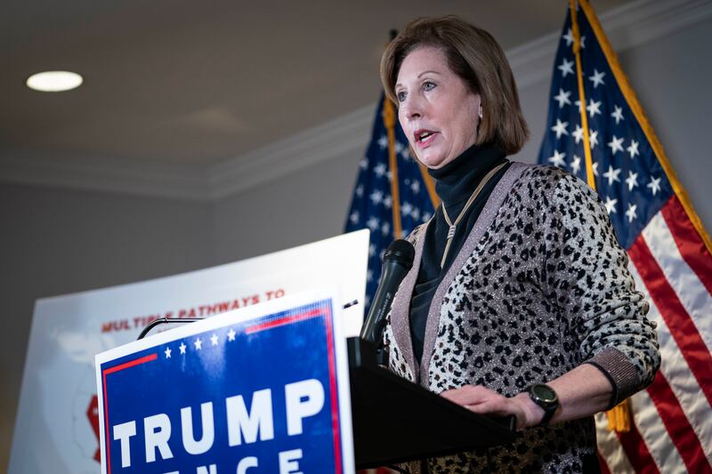 Attorney Sidney Powell speaks during a news conference with Rudy Giuliani, lawyer for U.S. President Donald Trump, about lawsuits contesting the results of the presidential election at the Republican National Committee headquarters in Washington, D.C., on Thursday Nov. 19, 2020.