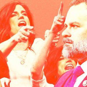 Collage of Nancy Mace yelling at Cory Mills on a red background