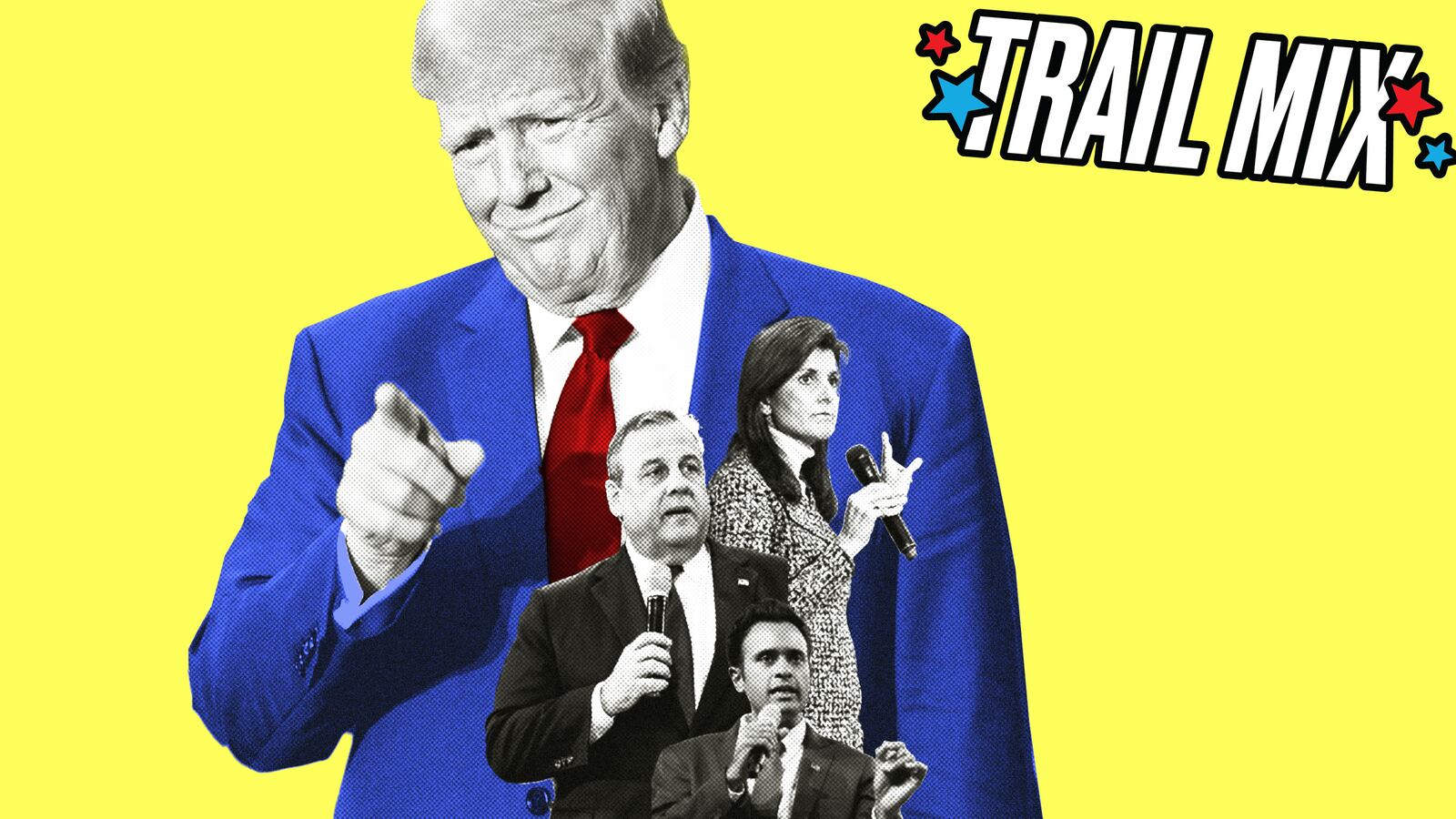 A photo illustration of Donald Trump towering over Vivek Ramaswamy, Nikki Haley, and Chris Christie