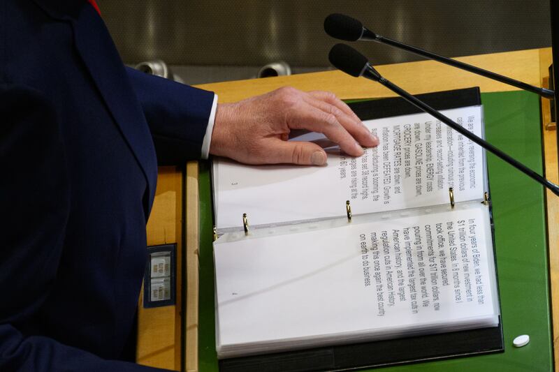 Detail of his speech as U.S. President Donald Trump speaks