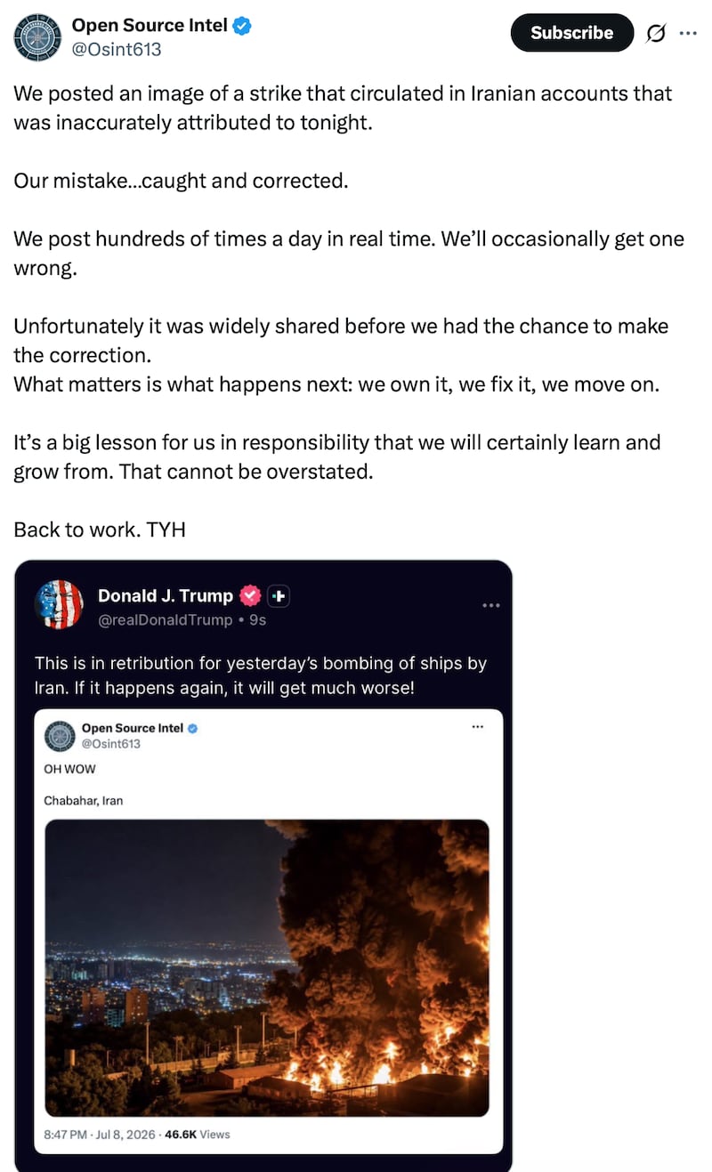 Open Source Intel correct a post already shared by Donald Trump.