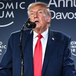 President Donald Trump, pictured speaking during a reception with business leaders on the sidelines of the World Economic Forum, said the U.S. reached a "framework" in regards to Greenland on January 21, 2026.