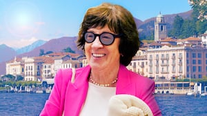 A photo illustration illo of Sen. Susan Collins and Lake Como, Italy.
