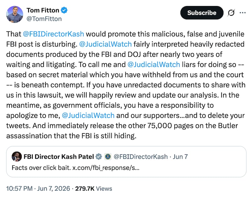 Tom Fitton's X.com post calling Kash Patel "disturbing."