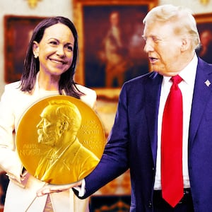 A photo illustration of María Corina Machado handing Donald Trump a Nobel Peace Prize in the White House.