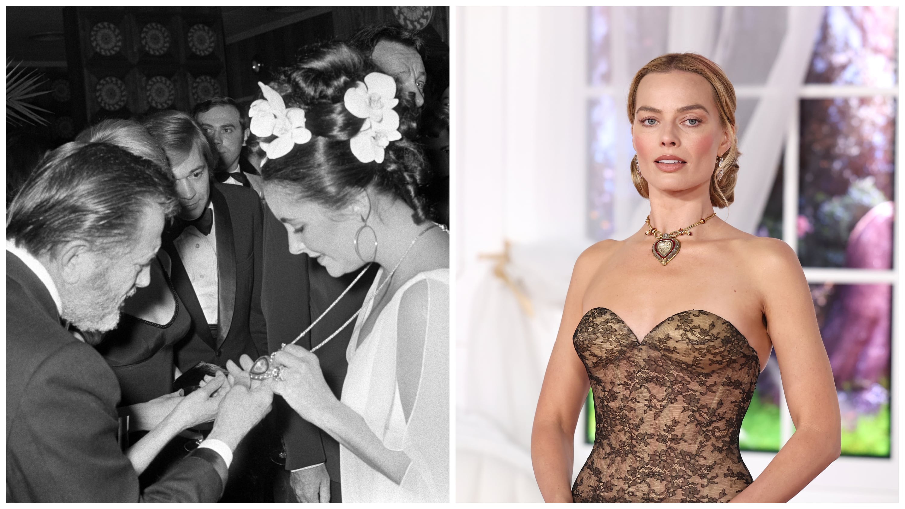 Elizabeth Taylor wearing Taj Mahal necklace in 1972; Margot Robbie wearing the necklace in 2026