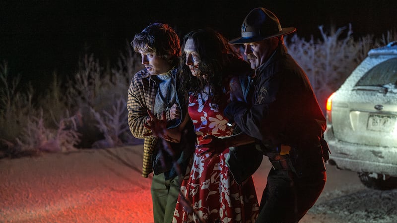 (l to r) Austin Abrams, Andrea Miltnerova and Johnno Wilson star in Constantin Film and Columbia Pictures RESIDENT EVIL, directed by Zach Cregger.  Photo by: Dušan Martinček