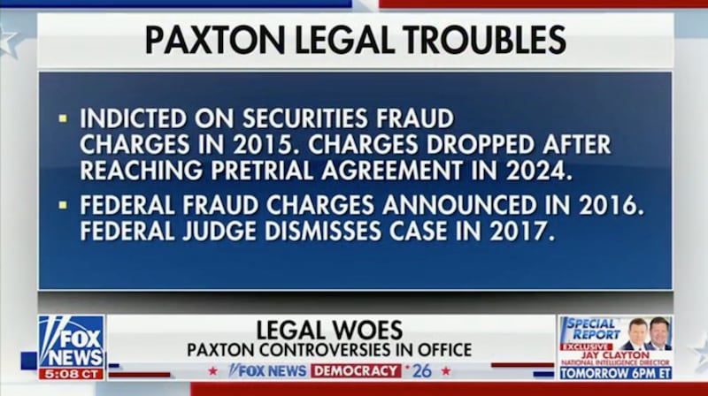 Fox News air Ken Paxton's legal issues while interviewing him.