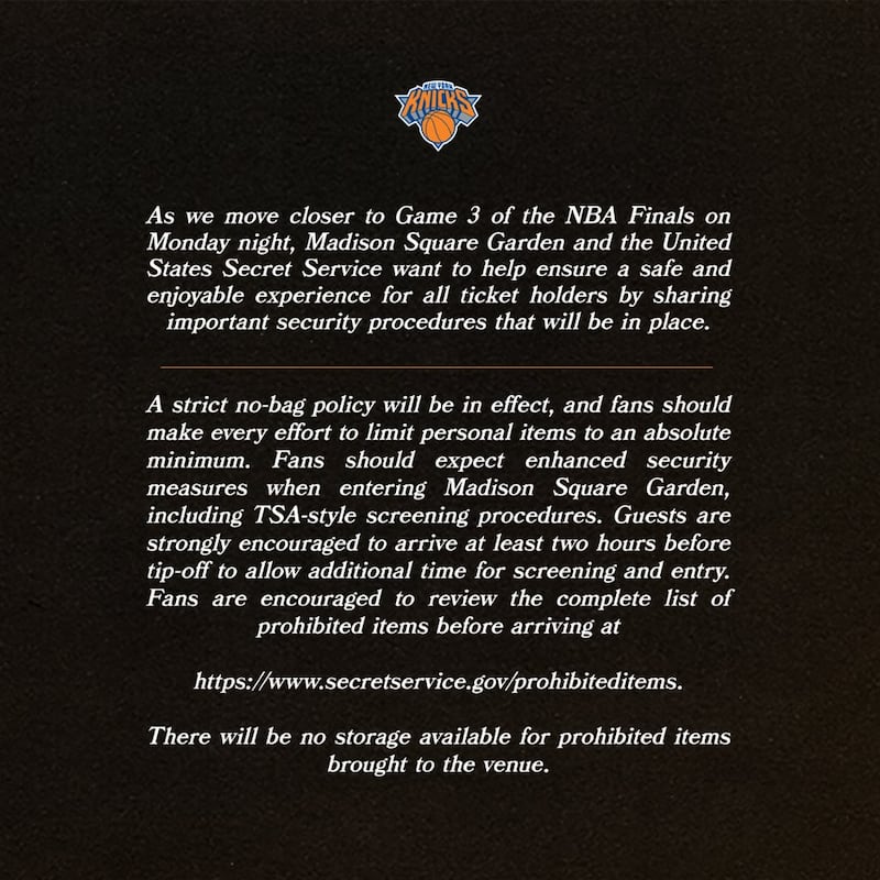 NY Knicks posted a notice to fans planning to attend the game next week.