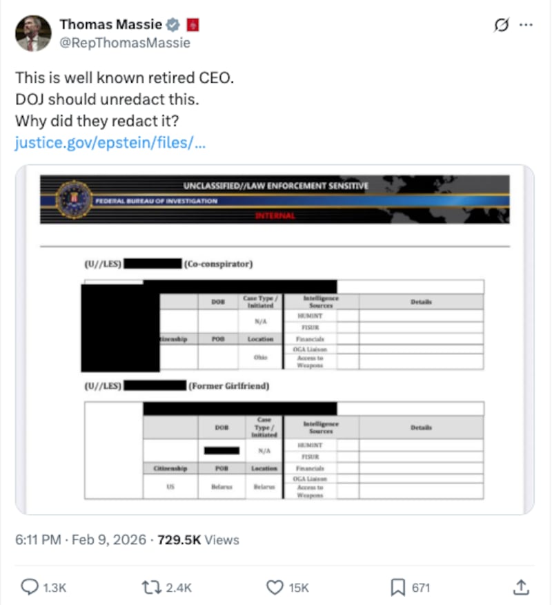 Massie questioned the DOJ's rationale for redactions of some Epstein files.