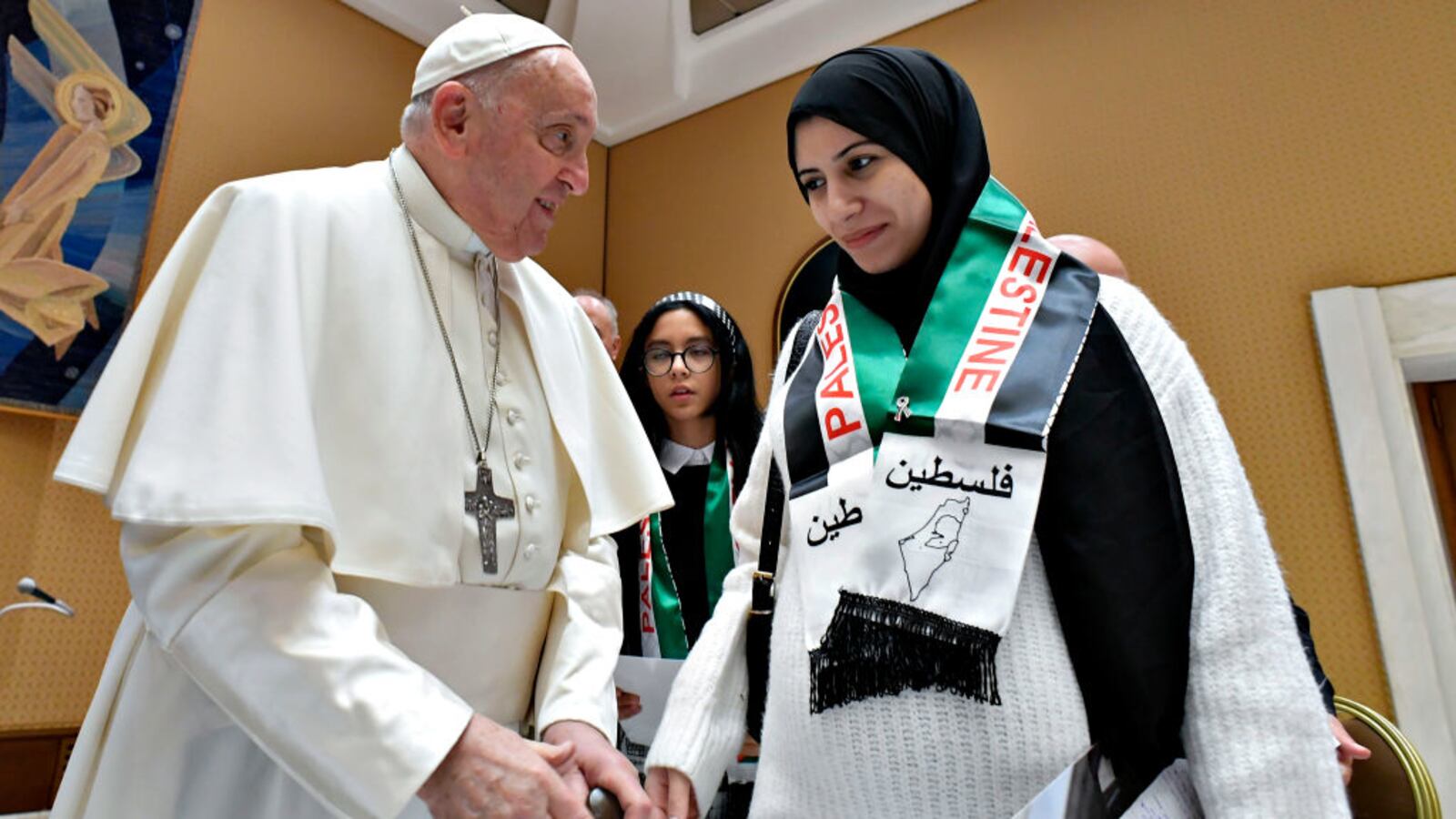 Pope Francis meets a delegation of families of Palestinians who are suffering in Gaza.
