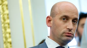 WASHINGTON, DC - OCTOBER 15: White House Deputy Chief of Staff Stephen Miller looks on during a press conference in the Oval Office of the White House on October 15, 2025 in Washington, DC. Federal Bureau of Investigation Director Kash Patel provided an update on the Trump administration’s progress in reducing violent crime. (Photo by Kevin Dietsch/Getty Images)
