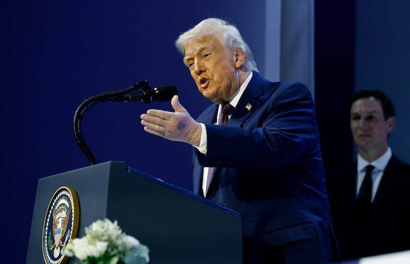 President Donald Trump speaks after holding a signing ceremony for the “Board of Peace” at the World Economic Forum (WEF) on January 22, 2026 in Davos, Switzerland.