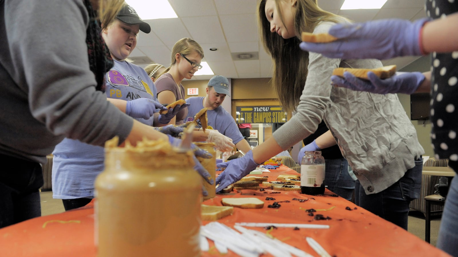 College of Saint Rose students make sandwiches in the PB & Jams event at the college on Tuesday, Oct. 28, 2014, in Albany, N.Y.
