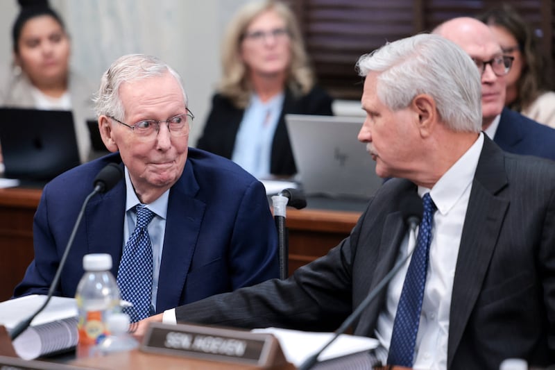 Senator Mitch McConnell sitting next to Senator John Hoeven in the Senate Agriculture Committee meeting on whether to vote the farm bill out of committee on Capitol Hill in Washington, D.C., U.S., September 16, 2026.