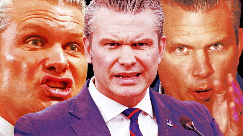 A photo illustration of Pete Hegseth during press conferences.