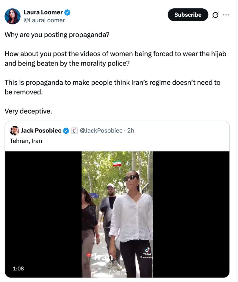 Loomer claps back at the anti-war right. Laura Loomer/X.