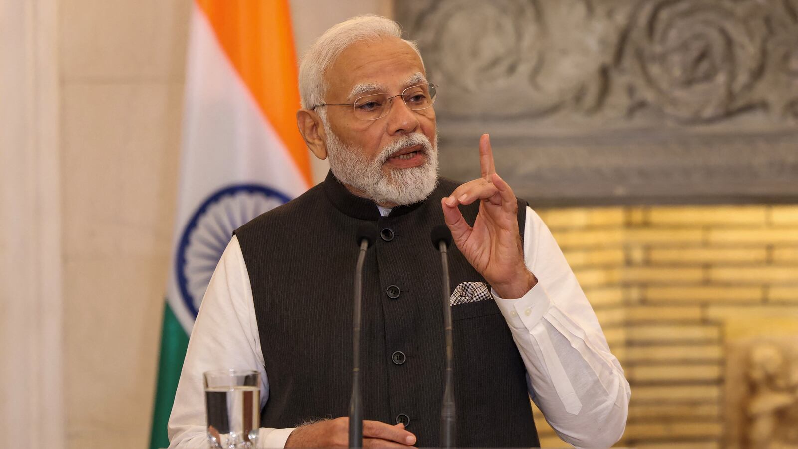 India's Prime Minister Narendra Modi speaks during a joint press conference with Greek Prime Minister Kyriakos Mitsotakis at the Maximos Mansion in Athens, Greece, August 25, 2023.