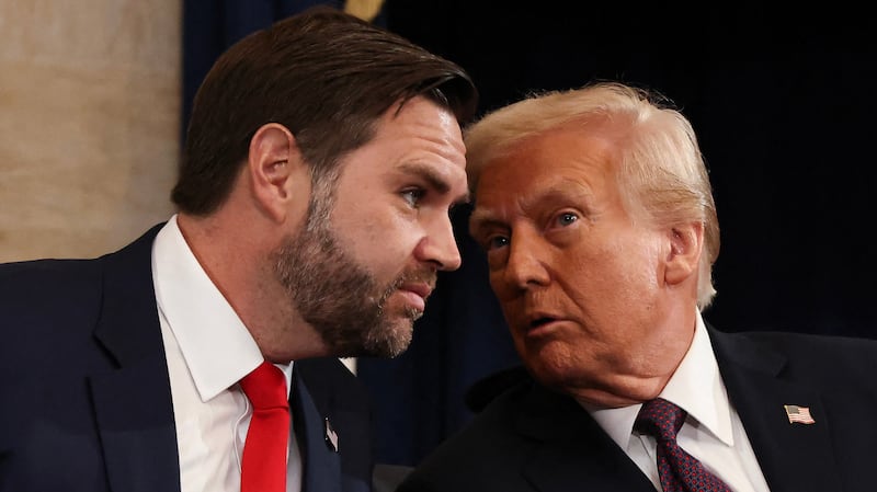 US Vice President-elect former Sen. J.D. Vance (R-OH) and US President-elect Donald Trump attend the inauguration of US President-elect Donald Trump in the Rotunda of the US Capitol on January 20, 2025 in Washington, DC. Donald Trump takes office for his second term as the 47th president of the United States. (Photo by Chip Somodevilla / POOL / AFP) (Photo by CHIP SOMODEVILLA/POOL/AFP via Getty Images)