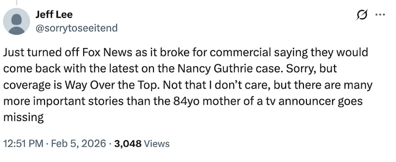 A screenshot of an X post from a dissatisfied Fox News viewer about their coverage today.