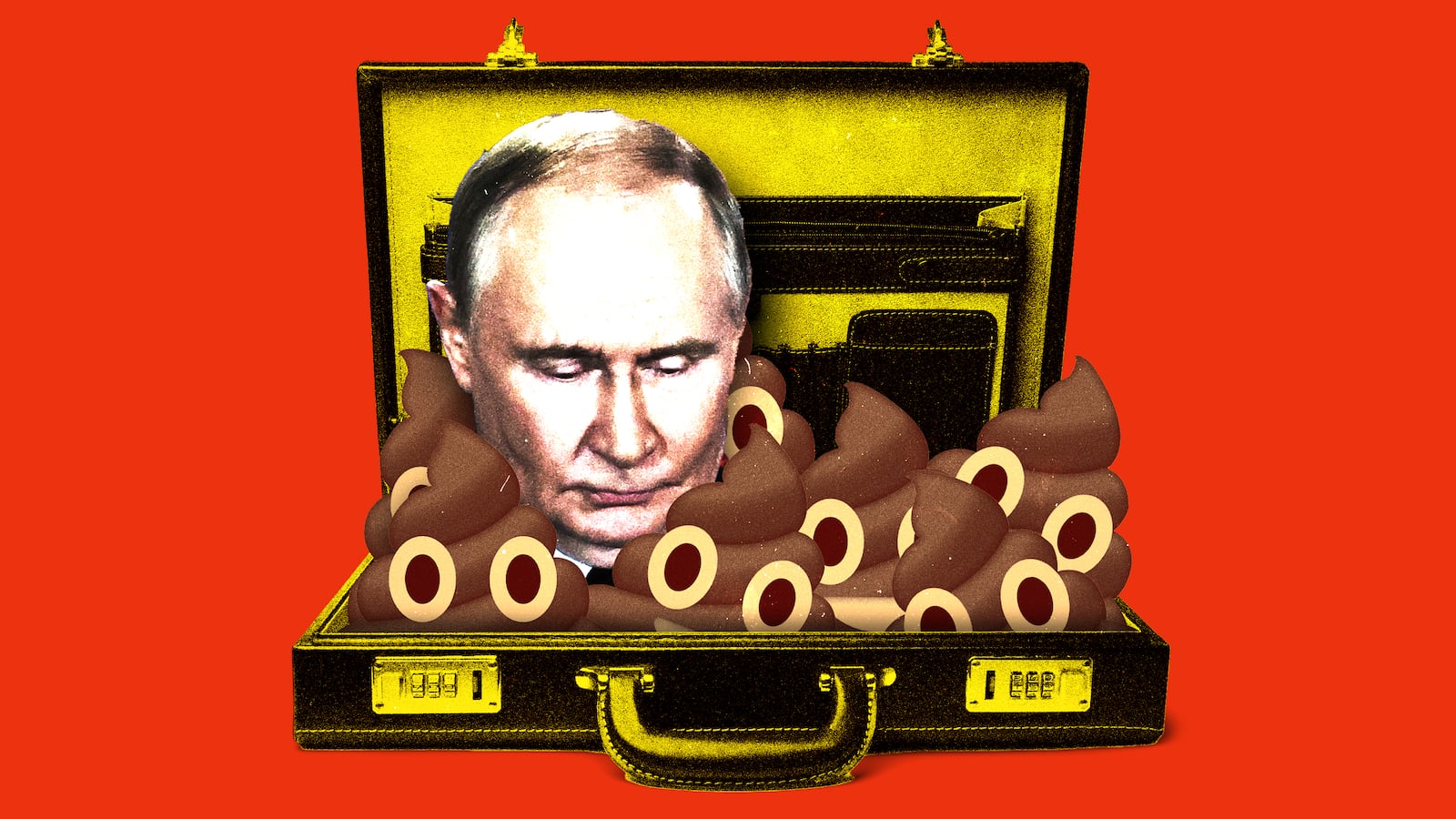 Vladimir Putin in a briefcase with poop emojis