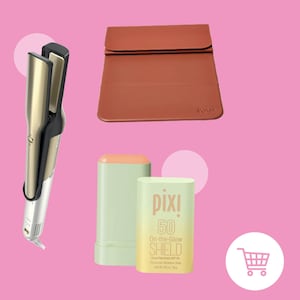 Collage of product picks on a pink background, including a white ergonomic pillow with a cutout, a terracotta-colored foldable Stakt yoga mat, a gold and black hair straightener, a green rolling tote bag with handles, and a Pixi sunscreen stick labeled ‘On-the-Glow Shield SPF 50.’ Decorative text reads ‘August Edition’ in a starburst graphic.
