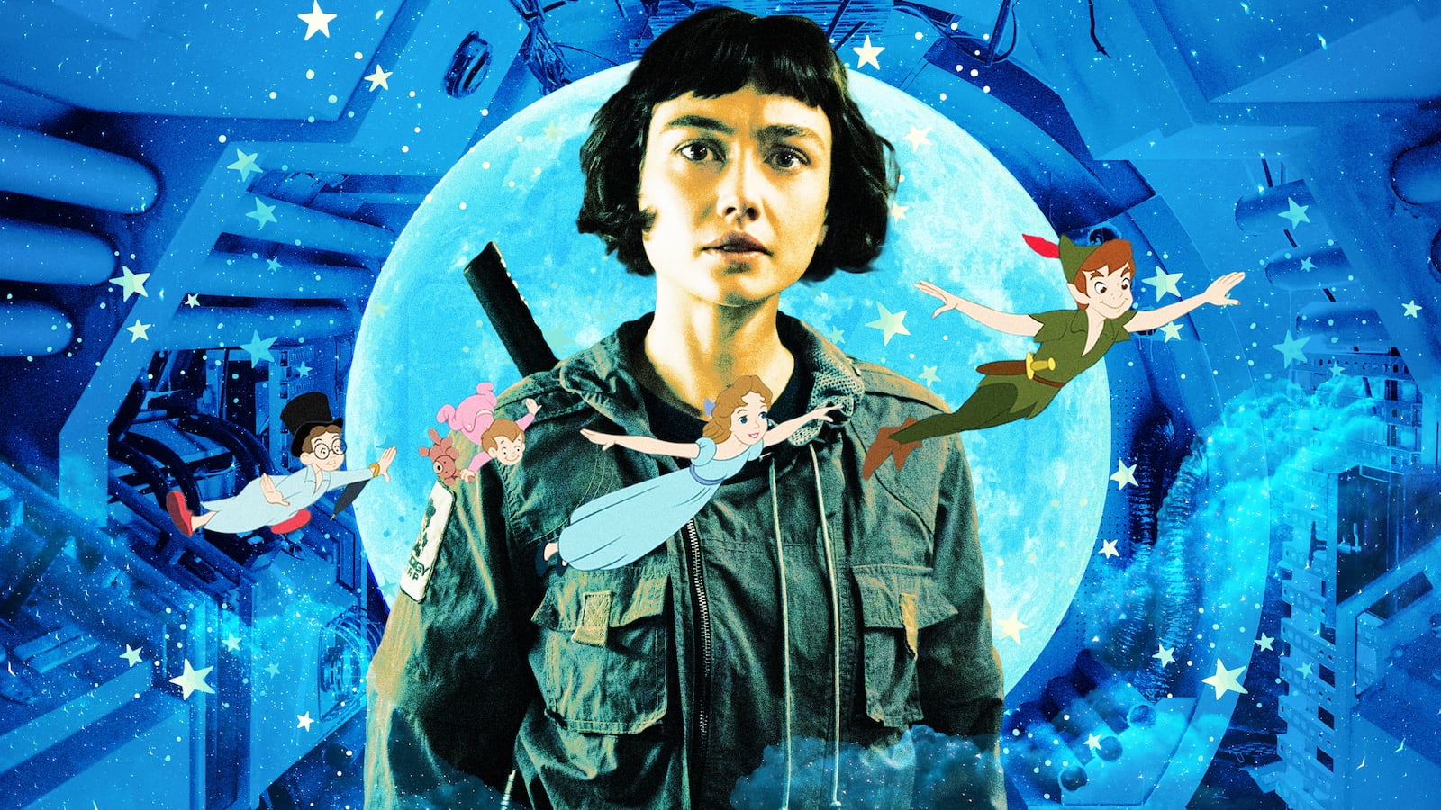 A photo illustration of Sydney Chandler as Wendy in Alien: Earth, and a scene from Peter Pan.