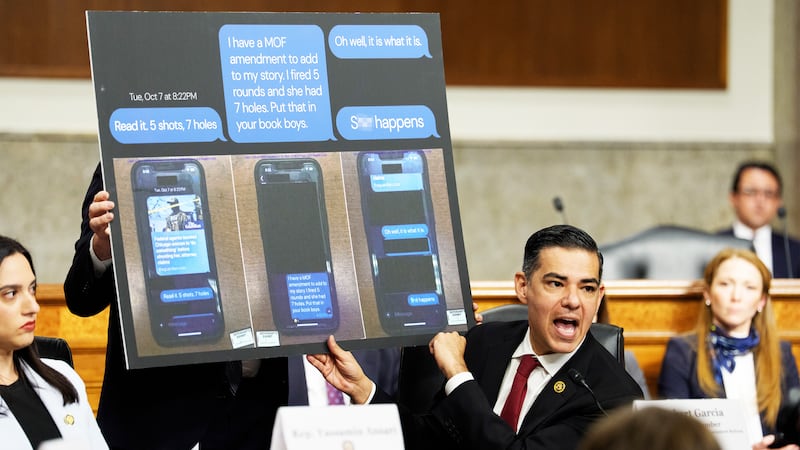 Rep. Robert Garcia (D-CA) displays text messages from Immigration and Customs Enforcement (ICE) agents after Marimar Martinez was shot 5 times, during a public forum on the violent use of force by Department of Homeland Security (DHS) agents, at the Dirksen Senate Office Building on Capitol Hill on February 03, 2026 in Washington, DC. The forum, hosted by Democratic lawmakers, is hearing testimony from Brent and Luke Granger, whose sister Renee Good, was shot and killed by ICE agents in Minneapolis and Marimar Martinez, who survived after being shot by CBP agents in Chicago.