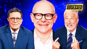 A photo illustration illo of Stephen Colbert, Rob Corddry, and Jon Stewart for the Obsessed podcast.