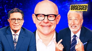 A photo illustration illo of Stephen Colbert, Rob Corddry, and Jon Stewart for the Obsessed podcast.