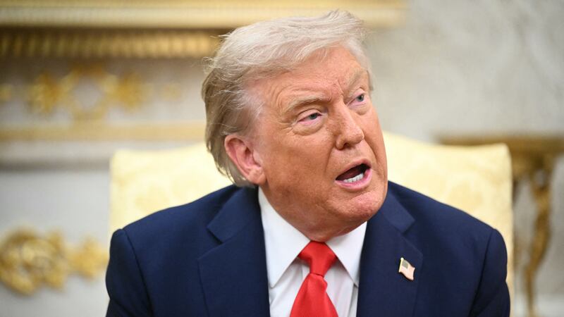 US President Donald Trump speaks during a meeting with Ukrainian President Volodymyr Zelensky in the Oval Office of the White House in Washington, DC, on August 18, 2025. European leaders join Ukrainian President Volodymyr Zelensky in talks with US President Donald Trump on August 18, as they try to find a way to end Russia's offensive. The leaders heading to Washington on Monday to appear alongside Zelensky call themselves the "coalition of the willing." (Photo by Mandel NGAN / AFP) (Photo by MANDEL NGAN/AFP via Getty Images)