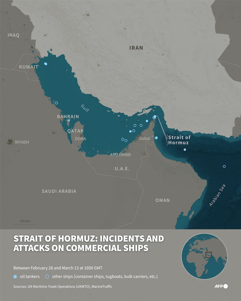 Infographic with a map of the Gulf and the Strait of Hormuz showing incidents and attacks on commercial ships between February 28 and March 13 at 1600 GMT (Graphic by Sabrina BLANCHARD and Luca MATTEUCCI / AFP via Getty Images)