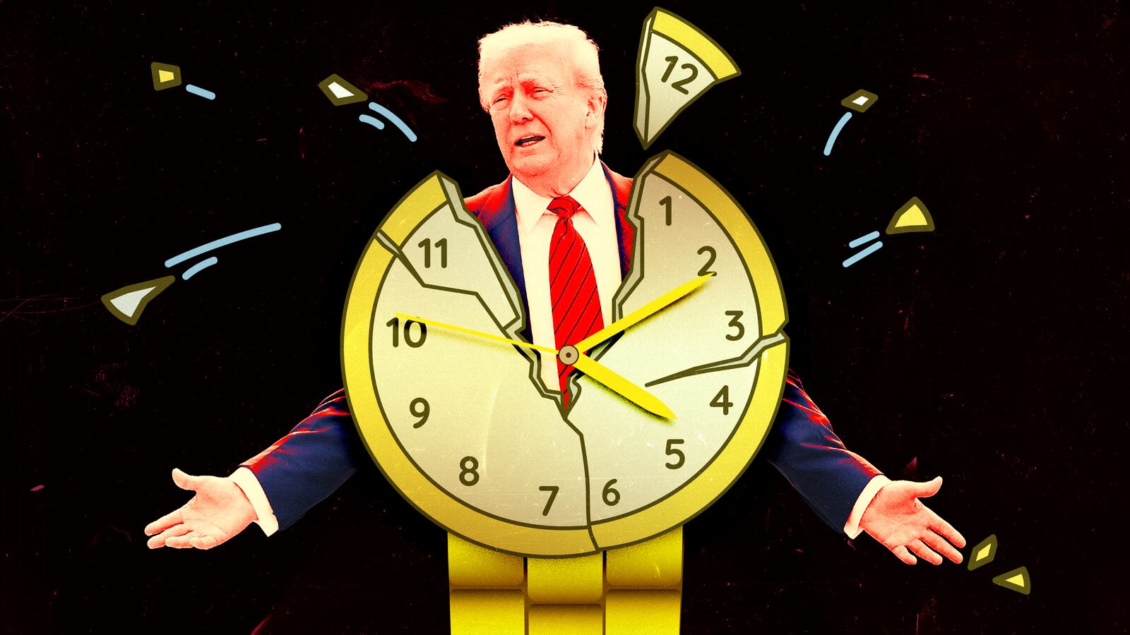 A photo illustration of Donald Trump and a broken golden wrist watch.