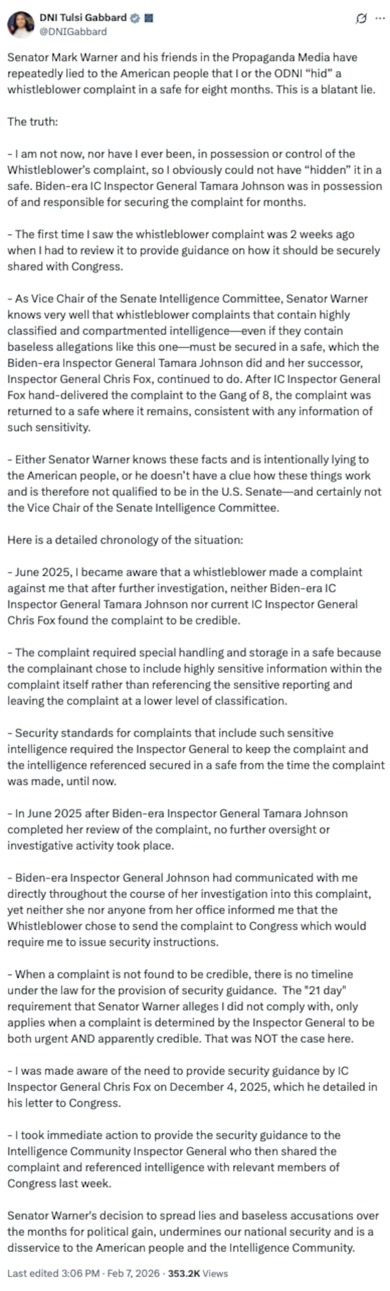 DNI Tulsi Gabbard posted on X addressing the whistleblower complaint. She claimed she saw it for the first time two weeks ago.