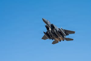 A U.S. Air Force F-15E Strike Eagle aircraft takes off for a mission supporting Operation Epic Fury during the Iran war at an undisclosed location, March 9, 2026.
