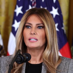 First lady Melania Trump speaks alongside U.S. President Donald Trump during the signing ceremony for the "Fostering the Future" executive order in the East Room of the White House on November 13, 2025 in Washington, DC.