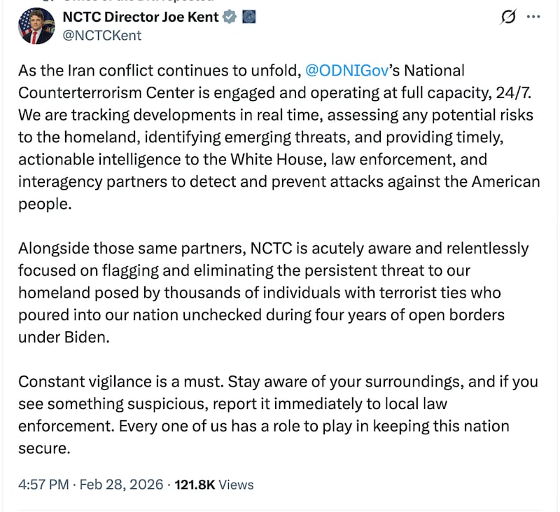 NCTC Director Joe Kent gave an update on the center's activities since U.S. began striking Iran.