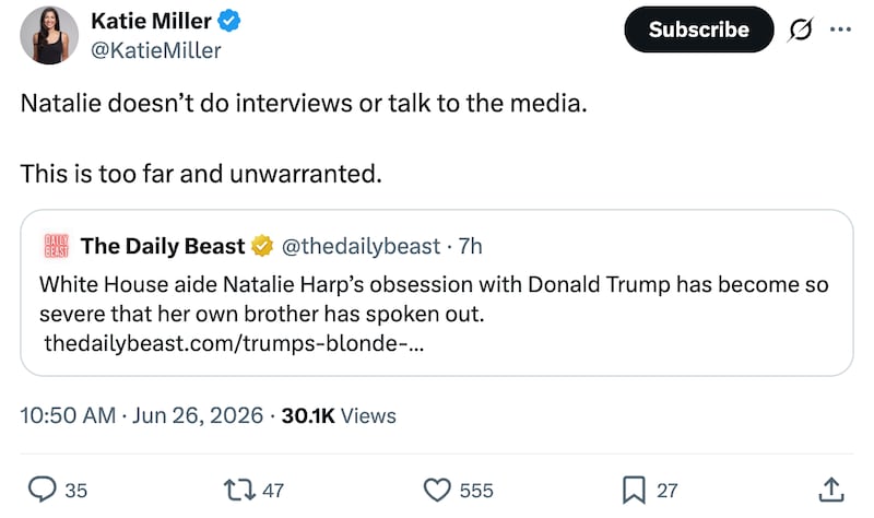 Katie Miller’s post in defense of Natalie Harp on Friday.